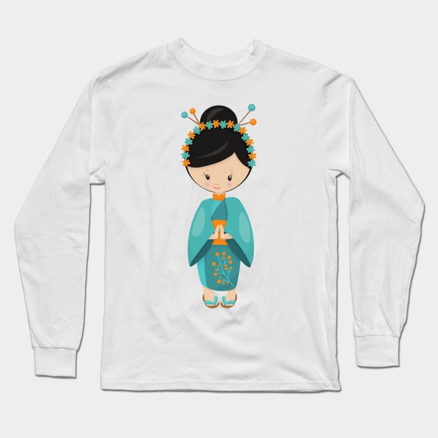 Japanese Girl, Japan, Cute Girl, Blue Kimono Long Sleeve T-Shirt by Jelena Dunčević